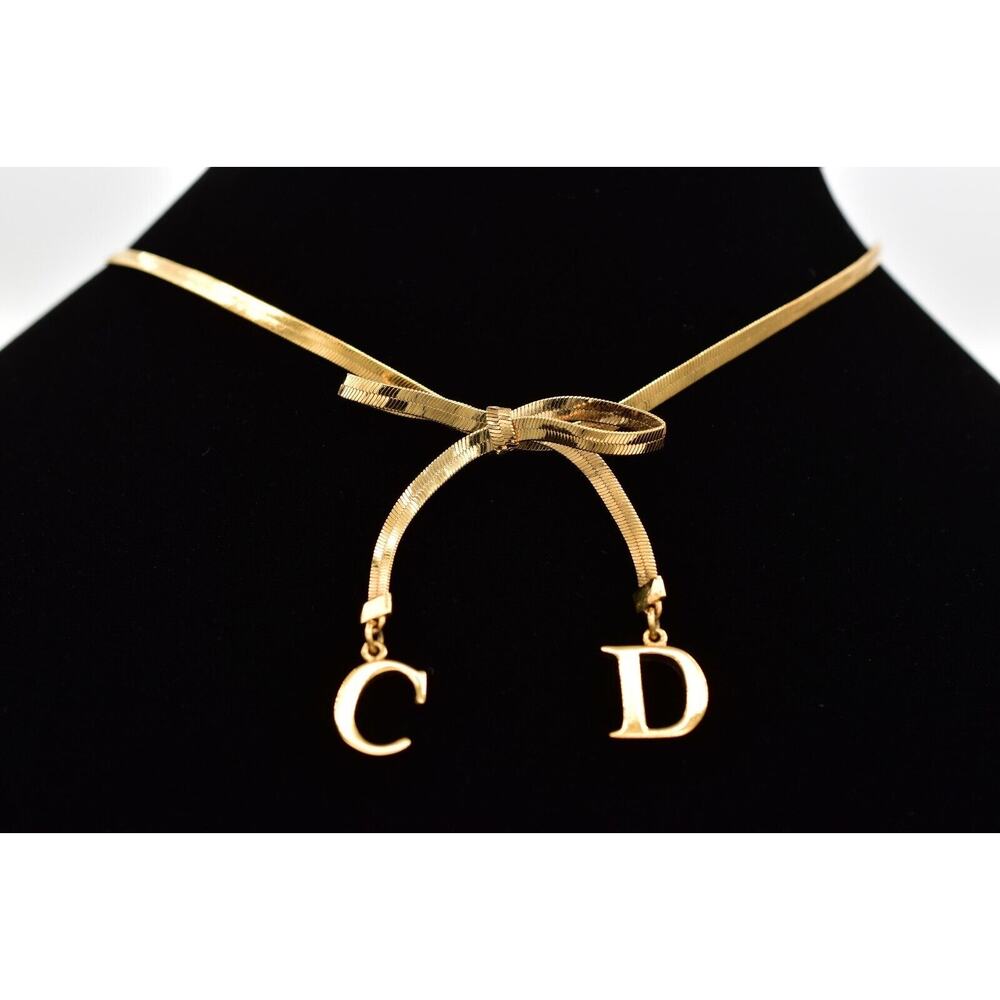 Christian Dior Vintage Bow Choker Necklace Logo CD Charm Gold Chain Signed BinBM